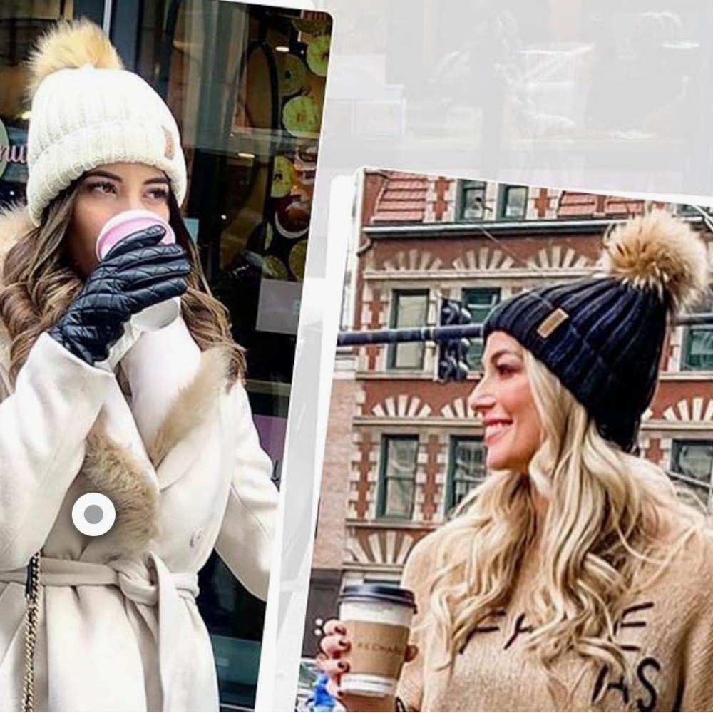 Set of Two Furtalk Detachable Faux Fur Pom Pom Beanie Hats Black & White